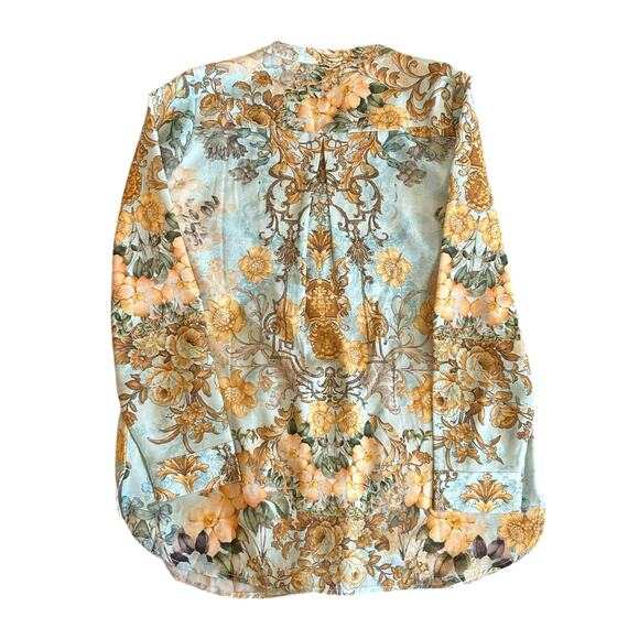 Soft Surroundings Baroque Blue Sheer Tunic Top Blouse Size Large Floral Pleated - Picture 4 of 5